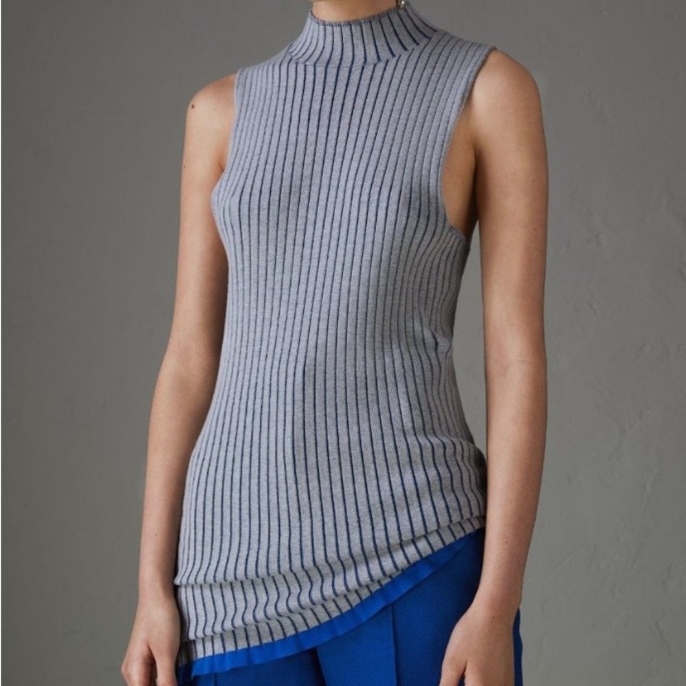 Burberry blue ribbed sleeveless turtleneck cashmere and silk sweater (size xxs) - Picture 1 of 11